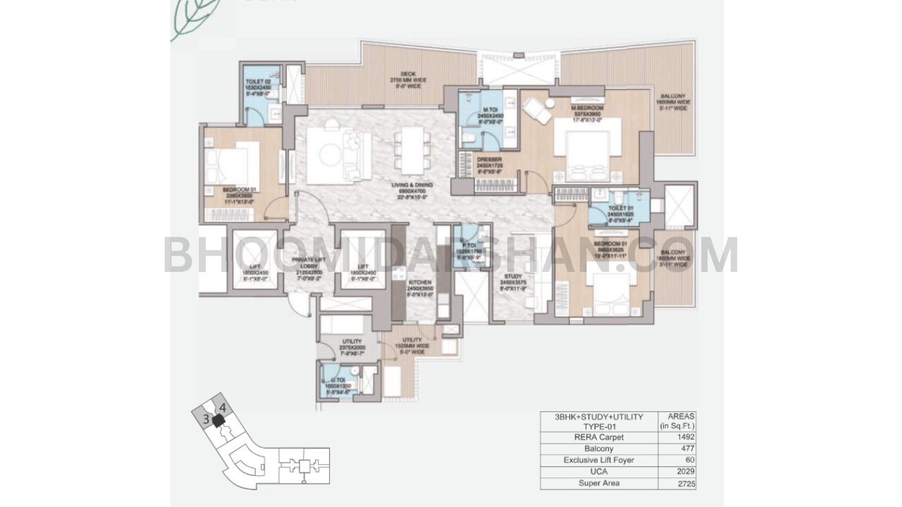 3 BHK + Study + Utility