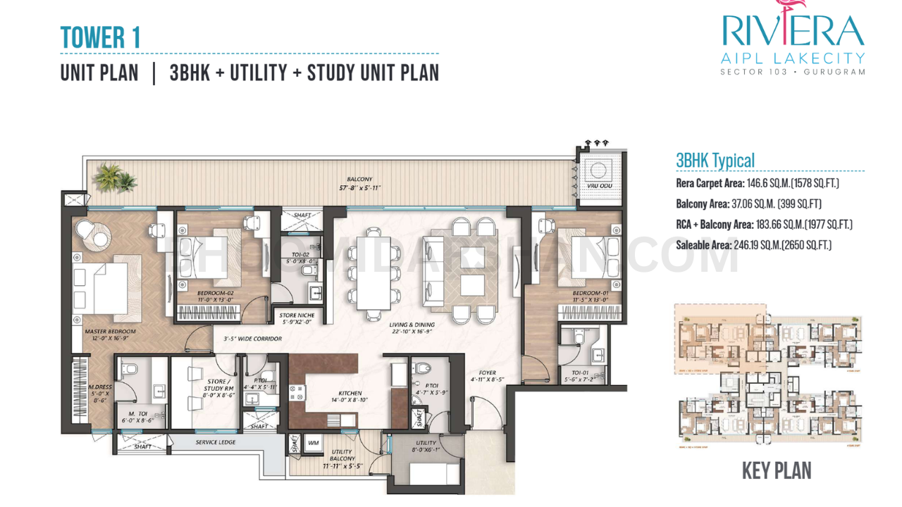 3 BHK + Study + Utility