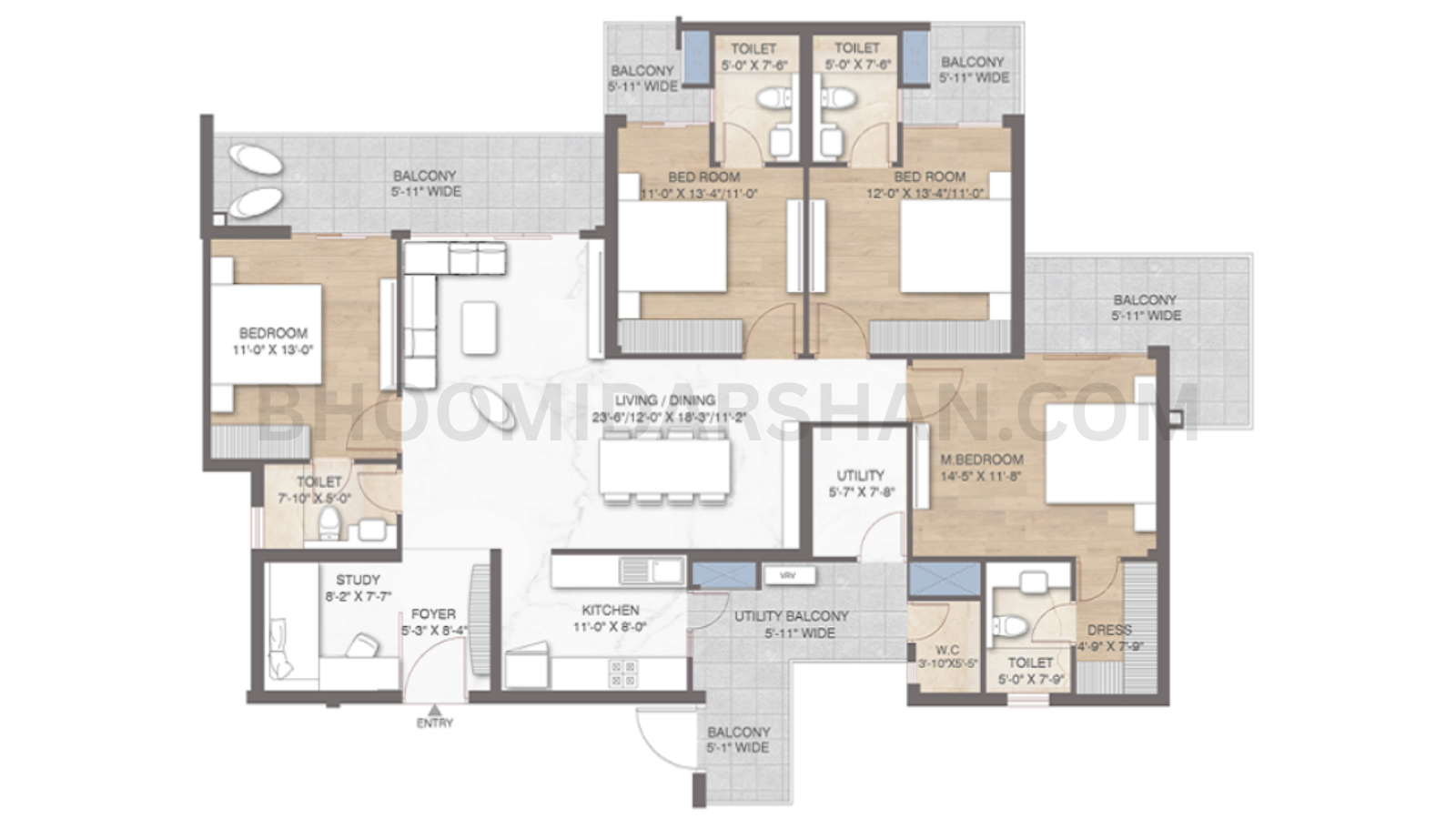 4 BHK + Study + Utility