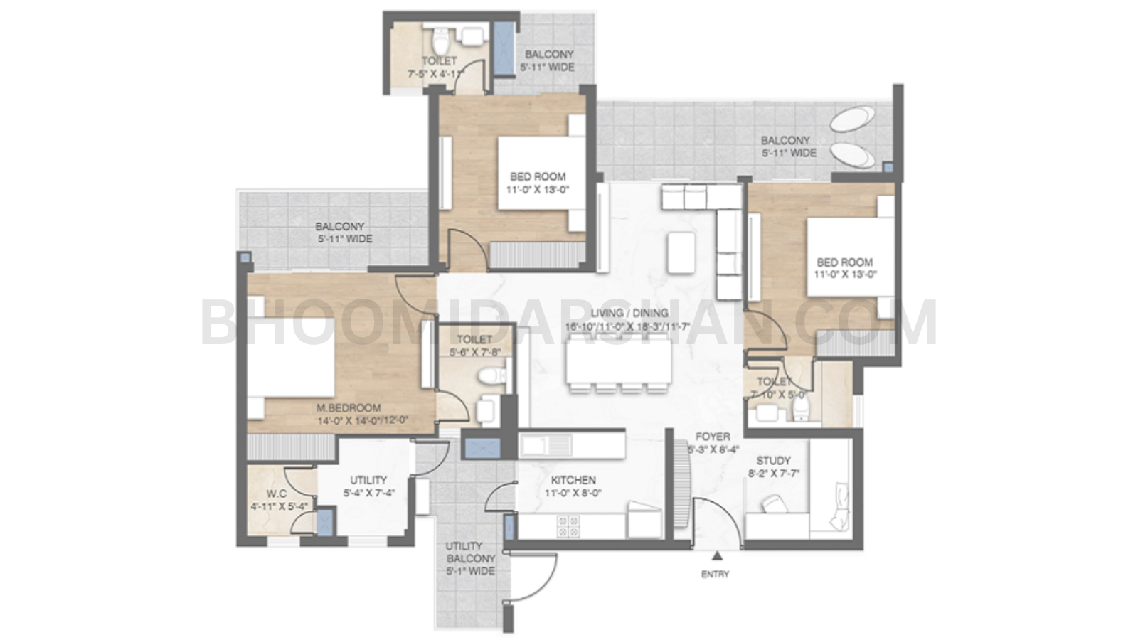 3 BHK + Study + Utility