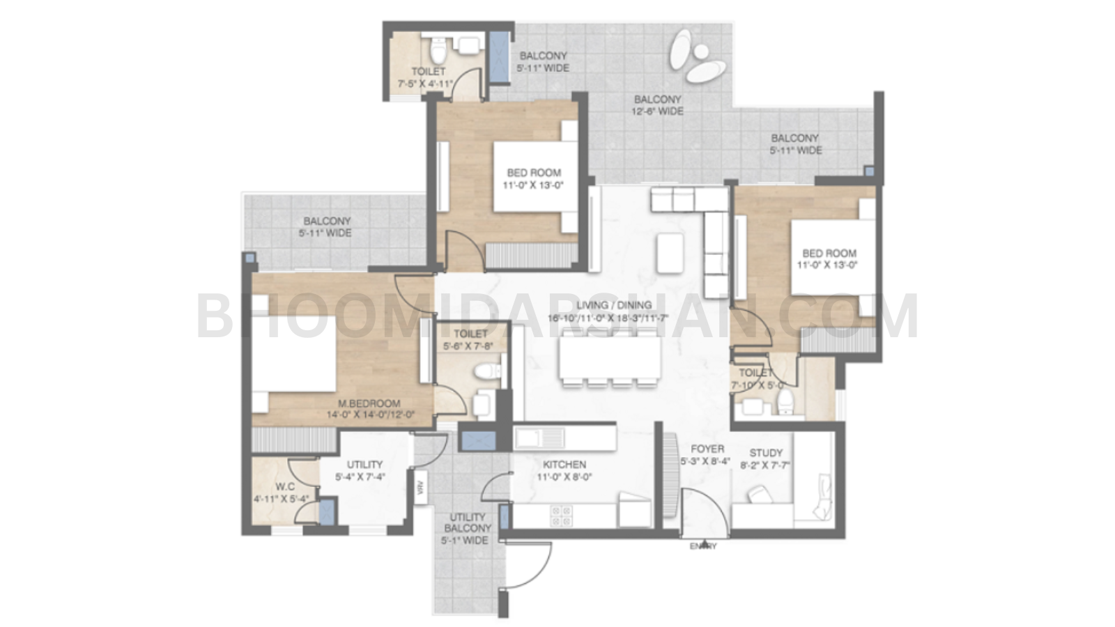 3 BHK + Study + Utility