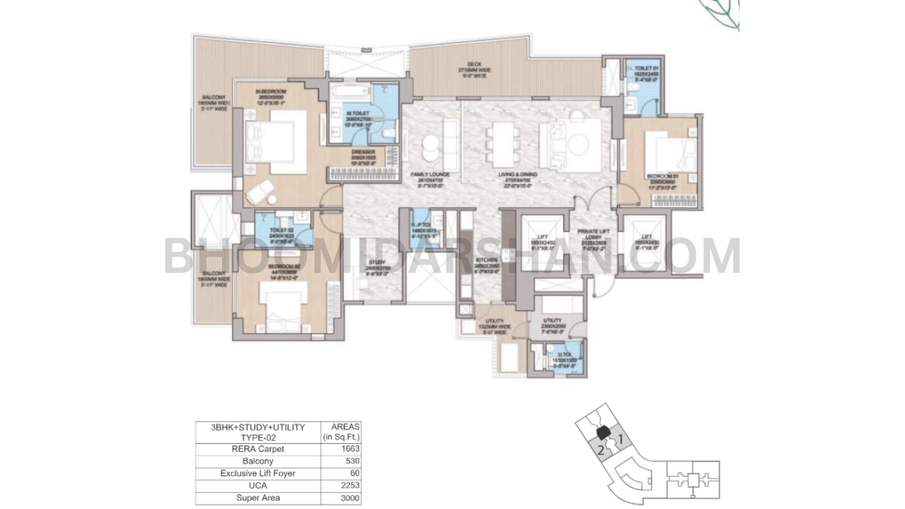 3 BHK + Study + Utility