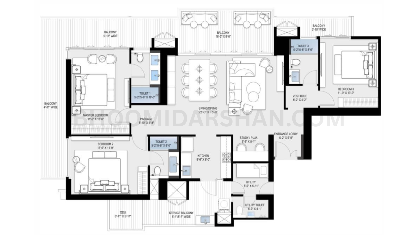 3 BHK + Study + Servant